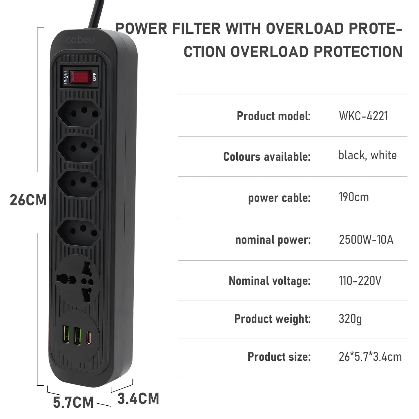 Extension Outlet, Line Filter, Power Extension, USB Socket, Plug, Water Plug, Brazil Line Filter, 100-220V,10A